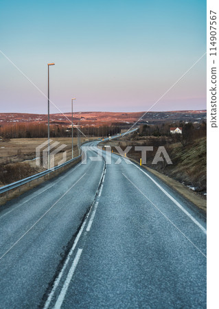 Curved asphalt highway with electricity pylon among the volcanic field during autumn in Iceland Curved asphalt highway with electricity pylon among the volcanic field during autumn in Iceland 114907567