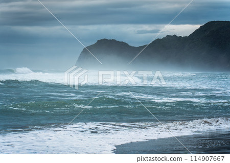 Moody sea with breaking wave on coastline Moody sea with breaking wave on coastline 114907667