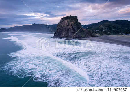 Beautiful iconic Lion Rock and breaking wave on Piha beach in the evening at Auckland, New Zealand Beautiful iconic Lion Rock and breaking wave on Piha beach in the evening at Auckland, New Zealand 114907687