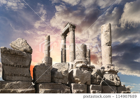 Amman city landmarks-- old roman Citadel Hill, Jordan. Against the background of a beautiful sky with clouds 114907689