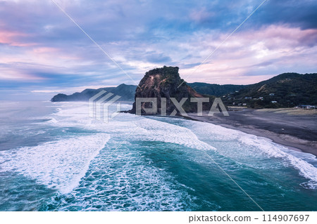 Beautiful iconic Lion Rock and breaking wave on Piha beach in the evening at Auckland, New Zealand 114907697