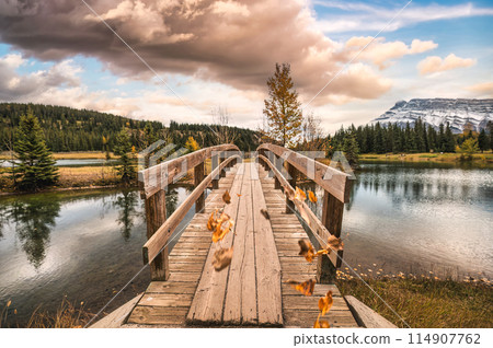 Wooden bridge with fall foliage and mount Rundle in autumn public park at Cascade Ponds Wooden bridge with fall foliage and mount Rundle in autumn public park at Cascade Ponds 114907762