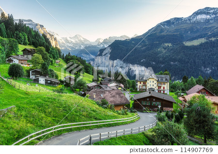 Scenery of Wengen mountain village with Lauterbrunnen valley and Jungfrau mountain in Bernese Oberland at Bern, Switzerland 114907769