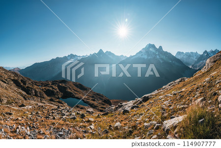 Landscape of Mont Blanc massif with Lac des Cheserys in autumn on daylight at Chamonix, France 114907777