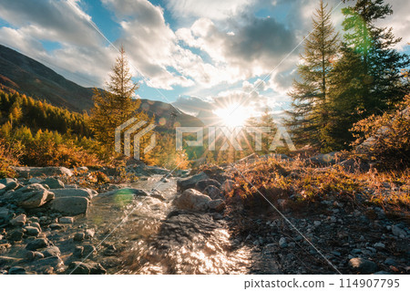 Sunset shining over Matterhorn mountain with waterfall flowing in autumn forest at Switzerland Sunset shining over Matterhorn mountain with waterfall flowing in autumn forest at Switzerland 114907795