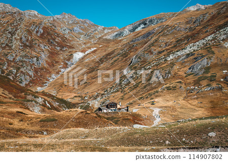 Old wooden hut on hiking trail in rocky mountain on Claree Valley at French Alps Old wooden hut on hiking trail in rocky mountain on Claree Valley at French Alps 114907802