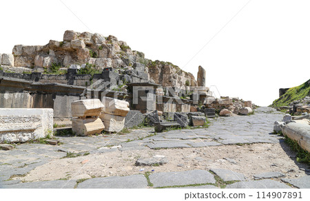 Roman ruins at Umm Qais (Umm Qays)--is a town in northern Jordan near the site of the ancient town of Gadara, Jordan. On white background 114907891