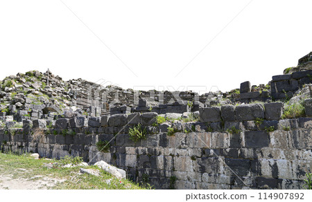 Roman ruins at Umm Qais (Umm Qays)--is a town in northern Jordan near the site of the ancient town of Gadara, Jordan. On white background 114907892