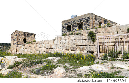 Roman ruins at Umm Qais (Umm Qays)--is a town in northern Jordan near the site of the ancient town of Gadara, Jordan. On white background 114907894