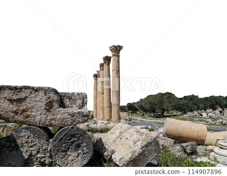 Roman ruins at Umm Qais (Umm Qays)--is a town in northern Jordan near the site of the ancient town of Gadara, Jordan. On white background 114907896