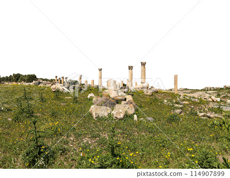 Roman ruins at Umm Qais (Umm Qays)--is a town in northern Jordan near the site of the ancient town of Gadara, Jordan. On white background 114907899