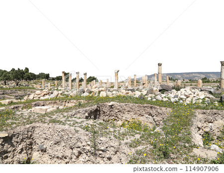 Roman ruins at Umm Qais (Umm Qays)--is a town in northern Jordan near the site of the ancient town of Gadara, Jordan. On white background Roman ruins at Umm Qais (Umm Qays)--is a town in northern Jordan near the site of the ancient town of Gadara, Jordan. On white background 114907906