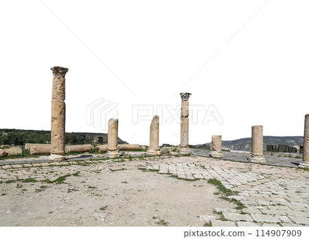 Roman ruins at Umm Qais (Umm Qays)--is a town in northern Jordan near the site of the ancient town of Gadara, Jordan. On white background 114907909