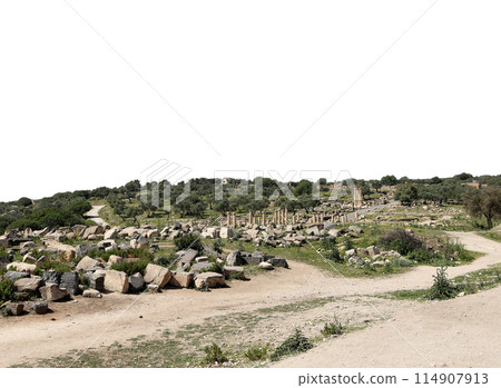 Roman ruins at Umm Qais (Umm Qays)--is a town in northern Jordan near the site of the ancient town of Gadara, Jordan. On white background 114907913