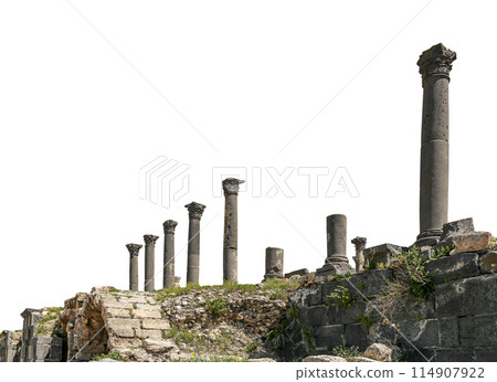 Roman ruins at Umm Qais (Umm Qays)--is a town in northern Jordan near the site of the ancient town of Gadara, Jordan. On white background 114907922