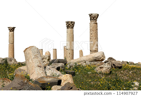 Roman ruins at Umm Qais (Umm Qays)--is a town in northern Jordan near the site of the ancient town of Gadara, Jordan. On white background 114907927