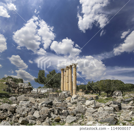 Roman ruins at Umm Qais (Umm Qays)--is a town in northern Jordan near the site of the ancient town of Gadara, Jordan. Against the background of a beautiful sky with clouds Roman ruins at Umm Qais (Umm Qays)--is a town in northern Jordan near the site of the ancient town of Gadara, Jordan. Against the background of a beautiful sky with clouds 114908037