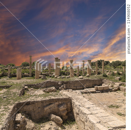 Roman ruins at Umm Qais (Umm Qays)--is a town in northern Jordan near the site of the ancient town of Gadara, Jordan. Against the background of a beautiful sky with clouds Roman ruins at Umm Qais (Umm Qays)--is a town in northern Jordan near the site of the ancient town of Gadara, Jordan. Against the background of a beautiful sky with clouds 114908052