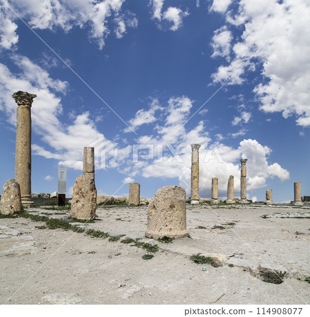 Roman ruins at Umm Qais (Umm Qays)--is a town in northern Jordan near the site of the ancient town of Gadara, Jordan. Against the background of a beautiful sky with clouds Roman ruins at Umm Qais (Umm Qays)--is a town in northern Jordan near the site of the ancient town of Gadara, Jordan. Against the background of a beautiful sky with clouds 114908077