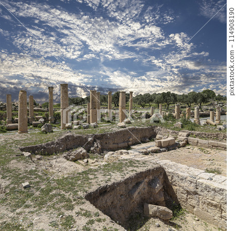 Roman ruins at Umm Qais (Umm Qays)--is a town in northern Jordan near the site of the ancient town of Gadara, Jordan. Against the background of a beautiful sky with clouds Roman ruins at Umm Qais (Umm Qays)--is a town in northern Jordan near the site of the ancient town of Gadara, Jordan. Against the background of a beautiful sky with clouds 114908190