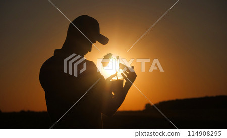 A young farmer examines a sprout in the rays of the setting sun, rear view A young farmer examines a sprout in the rays of the setting sun, rear view 114908295