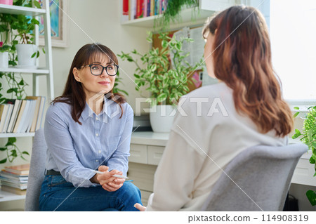 Female psychologist, counselor working with young woman, therapy in office Female psychologist, counselor working with young woman, therapy in office 114908319