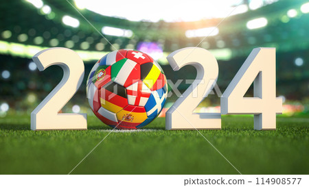European football or soccer championship 2024. Football ball with flags of european countries in the net of goal of football stadium.  3d illustration 114908577