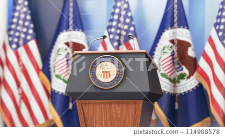 Federal Reserve System Fed of USA chairman press conference concept. Tribune with symbol and flag of FRS and United States. 114908578