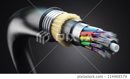 Fiber optic cable. Multimode all-media self-supporting fiber optic cable structure on black background. 114908579