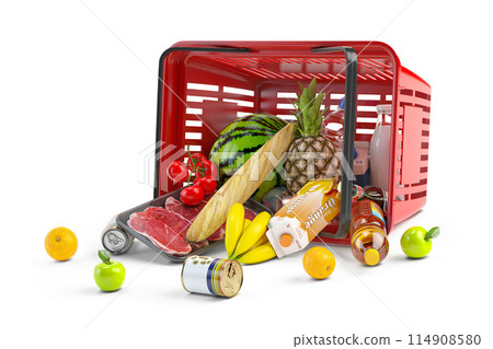 Overturned shopping basket full of variety of grocery products, food and drink isolated on white background. Overturned shopping basket full of variety of grocery products, food and drink isolated on white background. 114908580