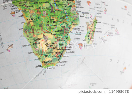 Globe close up. Map of continents - Africa. An indispensable device for geography lessons. Globe close up. Map of continents - Africa. An indispensable device for geography lessons. 114908678