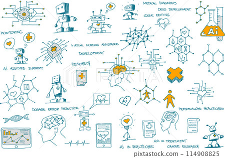 hand drawn architectural sketches of artificial intelligence topics and robots and future and science topics related to healtcare and medical topics 114908825