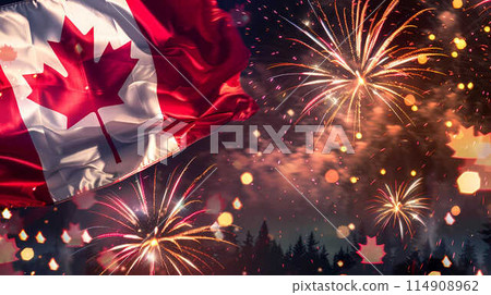 Holiday sky with fireworks and flag of Canada, independence day 114908962