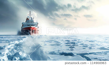 an icebreaker breaks through the ice of the frozen sea with a beautiful sky 114908963