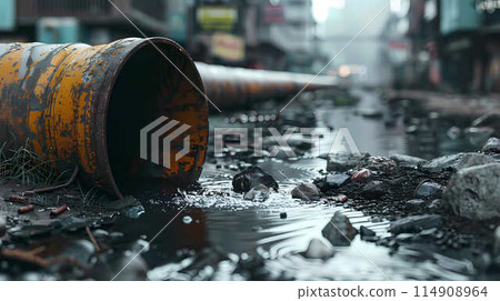 City pollution. Waste dirty sewage water flows from the pipe to the street. City pollution. Waste dirty sewage water flows from the pipe to the street 114908964