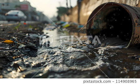 City pollution. Waste dirty sewage water flows from the pipe to the street. City pollution. Waste dirty sewage water flows from the pipe to the street 114908965