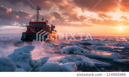 an icebreaker breaks through the ice of the frozen sea with a beautiful sky 114908966