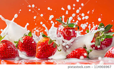 Fresh strawberries splashing into milk with vibrant orange background 114908967