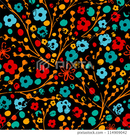 Seamless pattern of small red and blue flowers on a black background. hand drawing. Not AI, Vector illustration Seamless pattern of small red and blue flowers on a black background. hand drawing. Not AI, Vector illustration 114909042