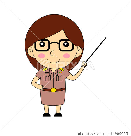 cartoon of woman teacher hold pointing stick to teach student cartoon of woman teacher hold pointing stick to teach student 114909055