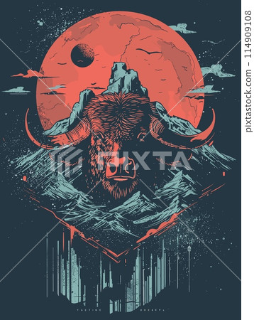 Buffalo head on the background of the moon. Vector illustration. 114909108