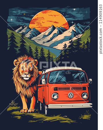 Lion on the background of the mountains and the car. Vector illustration 114909163