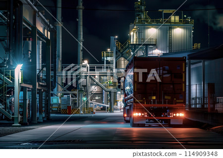 Hydrogen Truck at Industrial Site Night Scene 114909348