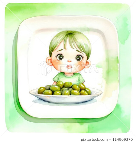 Delicate olives arranged on a pristine white plate and boy, watercolor strokes.  114909370
