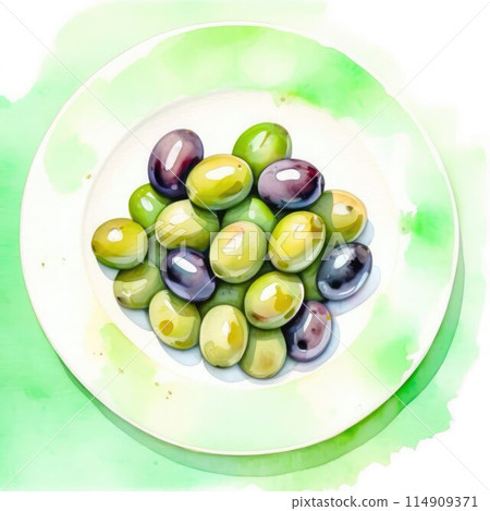 Delicate olives arranged on a pristine white plate and boy, watercolor strokes.  114909371