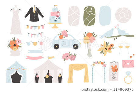 Hand drawn set of wedding illustrations, icons, symbols, elements. Good for making personal map Hand drawn set of wedding illustrations, icons, symbols, elements. Good for making personal map 114909375