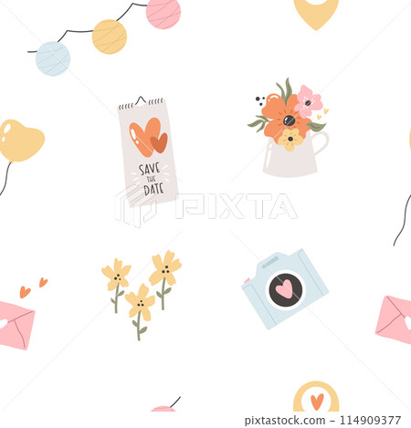 Seamless pattern with hand drawn colorful elements, icons for wedding celebration 114909377
