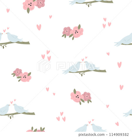 Seamless pattern with couple of pigeons, doves, flowers and hearts on white background Seamless pattern with couple of pigeons, doves, flowers and hearts on white background 114909382