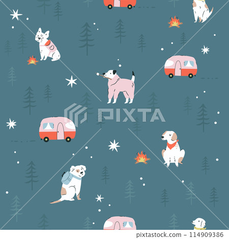 Seamless pattern with funny dogs and camping trailer in the forest Seamless pattern with funny dogs and camping trailer in the forest 114909386
