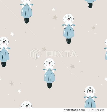 Seamless pattern with funny spaniel dog riding a scooter. 114909394